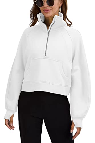 Womens Sweatshirts Half Zipper Crop Pullover Funnel Neck Fleece Lined Zip Up Long Sleeve Tops Thumb Hole White #TOP3