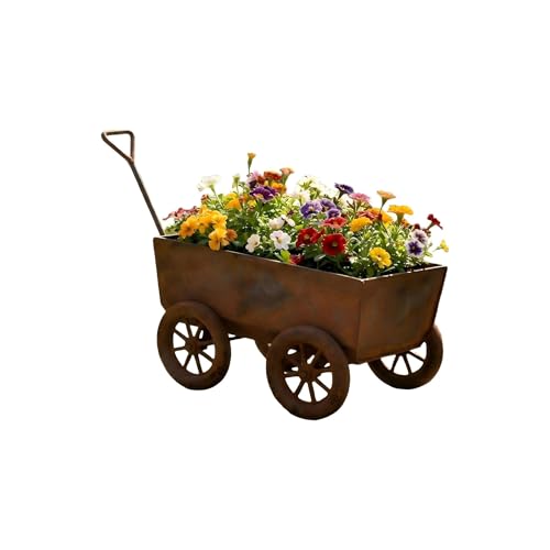 Image of Rusted Metal Wheelbarrow Planter for Garden Flowers, Vintage Decorative Wagon Pot for Outdoor Patio, Deck & Pathway, Long Handle Rustic Planter Gift for Her