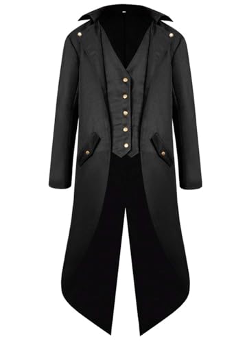 Disfraz de chaqueta victoriana medieval de Halloween para hombres, abrigo gótico steampunk, uniforme renacentista, pirata renacentista, fiesta de vampiro, cosplay para adultos y hombres (negro, 2XL)