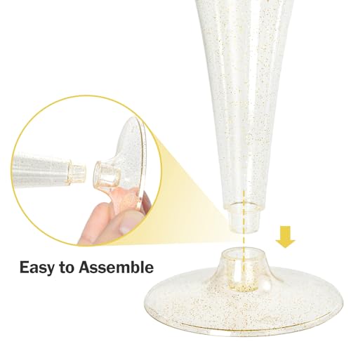 N9R Plastic Champagne Flutes - 100 Count 4.5 Oz Gold Glitter Plastic Disposable Champagne Glasses for Party Wedding Birthday Cocktail Cups