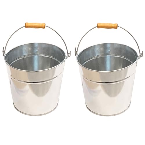 Tradineur - Pack de 2 Cubos de Metal zincado con asa de Madera, Multiusos, Resistente, Limpieza, jardín - 18 x 14 x 15,5 cm - 3 litros