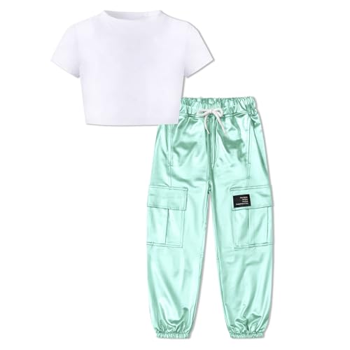 Image of Betusline Girls Clothes 2 Piece Set, White Cute Short Sleeve Crop Tops + Tender Green Metal Cargo Jogger Pants Clothes，11-12 Years = Tag 160