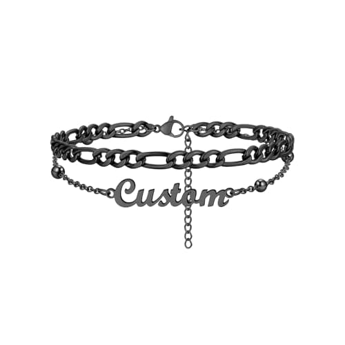 Custom4U Custom Name Anklet Bracelets for Women Waterproof Beaded/Figaro/Cuban/Rope/Wheat Chain Anklet Stackable Gold Plated Non Tarnish Custom Beach
