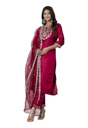 Image of LookMark Women's Viscose Rayon Trendy Regular Fit Embroidery Kurti with Bottom & Dupatta|Kurti Set for Women