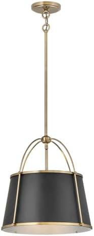 Hinkley Clarke Large Drum Pendant, Black Metal Shade, 1-6" and 2-12" Down Rods, Even or Sloped Ceilings, Warm Brass Finish