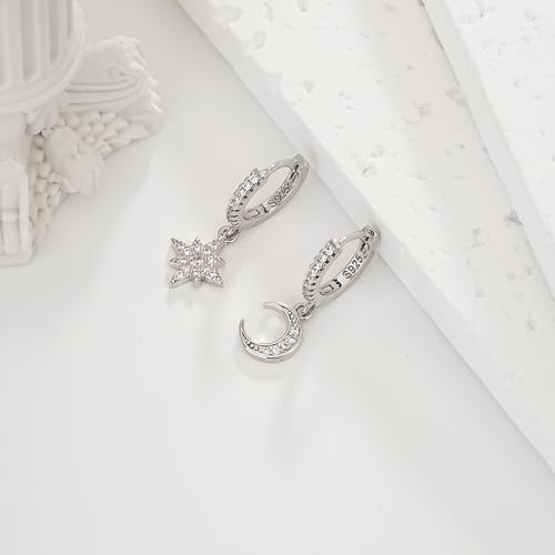 925 Sterling Silver Earrings for Women, Moon and Star Dangle Drop Hoop Earring Celestial Jewelry Gifts for Everyday Wear4