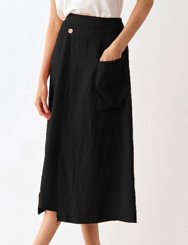 Kinghua Linen Skirts for Women Summer Casual Wrap A Line High Waisted Midi Skirt with Pockets4
