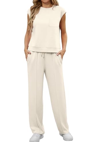GRECERELLE Conjunto de dos piezas para mujer, conjunto completo de chándal de verano de manga corta para mujer, conjunto completo de ropa de descanso para mujer, cuello redondo, manga casquillo y