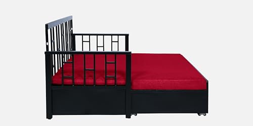 Image of Horrim 3 Seater Metal Sofa Cum Bed with Hydraulic Storage | Queen Size Sofa Cuma Bed | 3 Seater Sofa Set, Metal Sofa Set for Living Room (Matte Black Finish with Red Cushion)