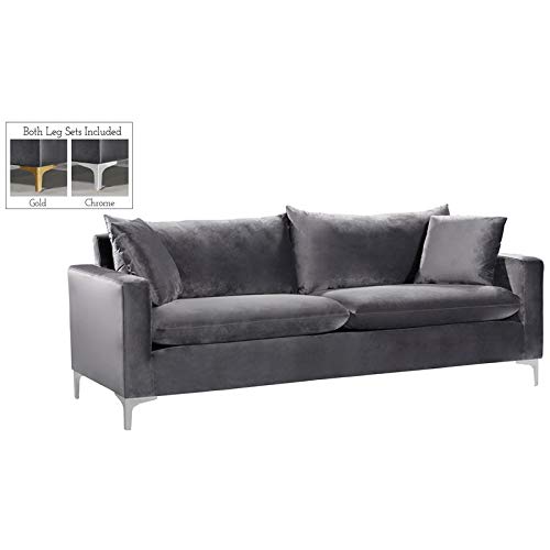 Meridian Furniture Naomi Collection Stainless 1 Modern | Contemporary Velvet Upholstered Sofa With Stainless Steel Base In A Rich Gold Or Chrome Finish, Grey #TOP1