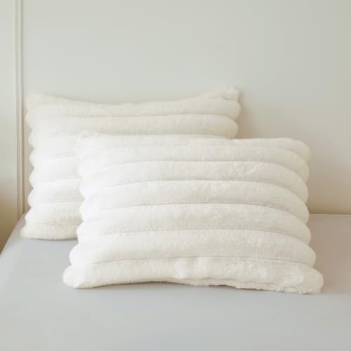 MEGO Set of 2 Fluffy Faux Rabbit Fur Pillowcases, Soft Luxury Ivory Striped Bed Pillow Cases with Zipper, Farmhouse Plush Furry Ribbed Long Pillow Covers for Adults Teens Kids 20x26, Standard, Beige