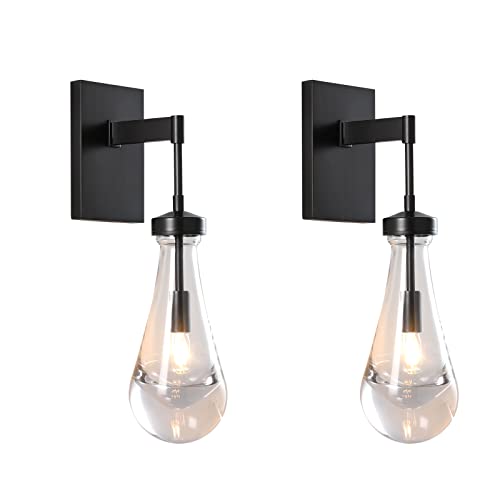 Modern Raindrop Wall Sconces Lighting Rod Type Set Of 2, Matte Black Indoor Vanity Light Fixtures For Bathroom, Bedside Wall Lamp With Clear Solid Glass Raindrop For Bedroom, Living Room Hallway #TOP5