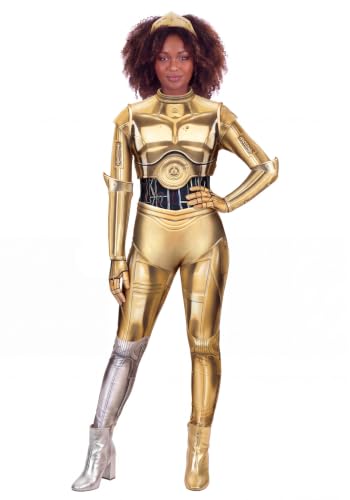 Women's Star Wars C3PO Costume Jumpsuit with Chest Armor, Headband, & Gloves for Adult Halloween Cosplay Small