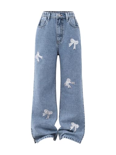 Girl's Bow Graphic Patch Jeans Elastic Waist Straight Leg Y2k Denim Pants with Pockets Medium Wash 9Y