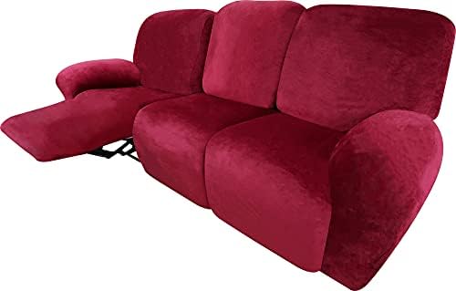 FINERFIBER Velvet Stretch 8 Piece Recliner Sofa Cover | Recliner Couch Covers for 3 Cushion Couch | Covers for Recliner Couch | Funiture Protector (Sofa, Red)