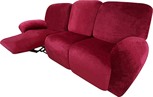 Finerfiber Velvet Stretch 8 Piece Recliner Sofa Cover | Recliner Couch Covers For 3 Cushion Couch | Covers For Recliner Couch | Funiture Protector (Sofa, Red) #TOP3