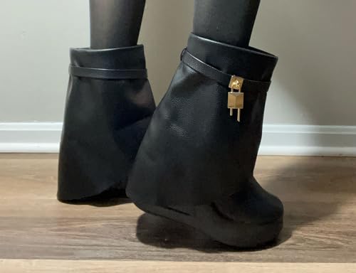 Women Round Toe Wedge Heel Fold Over Mid-calf Pull On Boots4