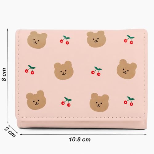 Image of INOVERA (LABEL) Small Tri-Fold Wallet for Women, Girls - Faux Leather Cash, Coin, Card Holder Wallets - Cute Bear and Cherry Print Mini Hand Purse (Pink)