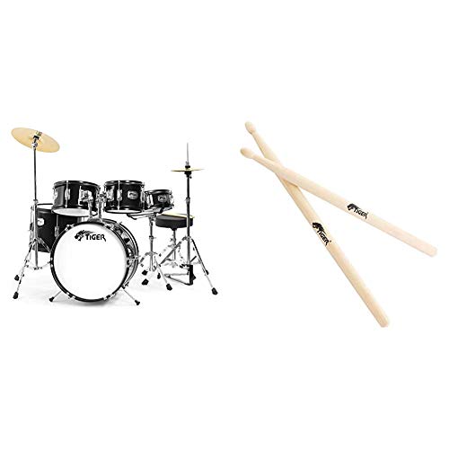Image of Tiger JDS14-BK 5 Piece Junior Drum Kit – Black Kids Drum Kit, Ages 3 – 10 Years + Tiger Junior Drumsticks - Childrens Drum Sticks for Junior Drum Kits - Pair