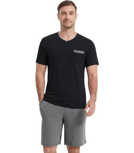 Image of NACHILA Men's Pajamas Set-Viscose Made from Bamboo, Short Sleeve Sleepwear Soft Pjs with Shorts V Neck Loungewear Sets