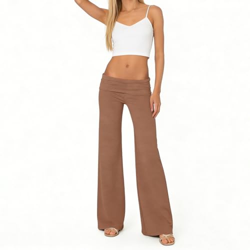 Image of Lounge Yoga Pants for Women Fold Over Low Waist Wide Leg Bell Bottoms | Y2K Foldover Pants, Flare Leggings, Low Rise Yoga Sweatpants