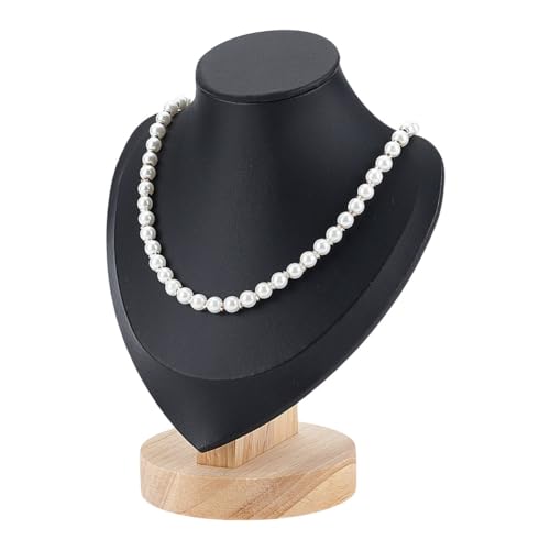 arricraft 1 Pc Bust Necklace Display Stands, Black PU Leather Wooden Jewelry Portrait Display Organizer Mannequin Holder for Necklace Storage Pendant Chokers Chain Holder for Home Store