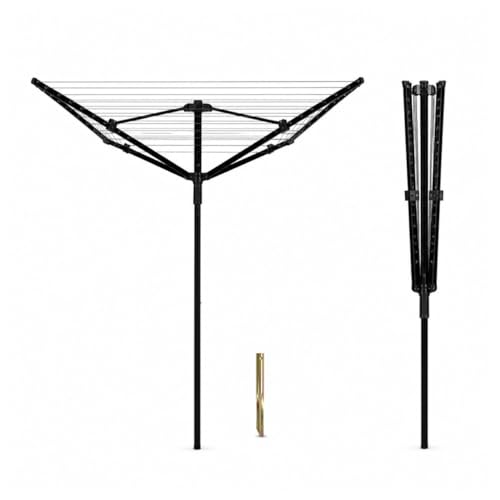 Vonia Wäschespinne 45 Meter mit 4 Armen - Klappbarer Wäscheständer Außen Garten & Terrasse, Aluminium, Witterungsbeständig, Inklusive Bodenanker, 140x140x190 cm, Schwarz