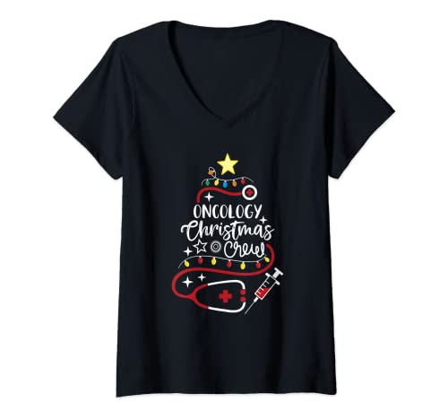 Mujer Oncología Enfermera Oncólogo Secretaria Oncología Equipo de Navidad Camiseta Cuello V