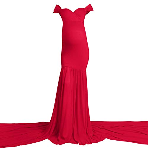 Women Maternity Dress For Photography Mermaid Off Shoulder Elegant Fitted Chiffon Gown Baby Shower Pregnancy Maxi Dresses For Photoshoot Ruched V Neck Long Train Slim Fit Flowy Photo Props Dress Red #TOP2