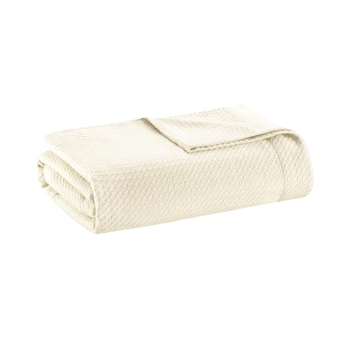 Madison Park 100% Egyptian Cotton Lightweight Summer Blanket, Breathable Waffle Knit Design, Soft Cozy All-Season Throw for Bed, Couch or Sofa, Ivory Cream Twin Size (66"x90") by Madison Park - Used condition - US$22.94