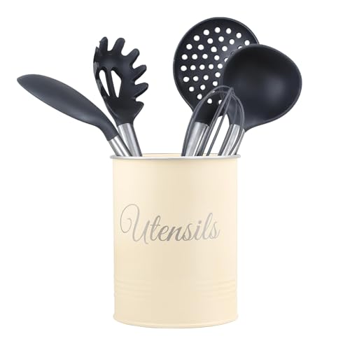 Innoteck Metal Utensil Holder, Powder-Coated Cutlery Organiser Pot with Non-Slip Base, Rust-Proof Countertop Storage for Spoons, Spatulas, Knives, Forks & Cooking Tools – Farmhouse Style - Cream