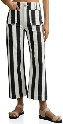 Tankaneo Womens Cropped Striped Jeans High Waisted Wide Leg Denim Pants