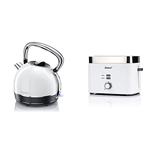 Arendo - Wasserkocher Edelstahl - Teekessel im Vintage Retro Style - 1,7 Liter - 2200 Watt & Linnuo Toaster mit…
