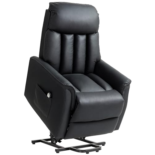 HOMCOM Relaxsessel Elektrisch Fernsehsessel mit Aufstehhilfe, Liegefunktion, TV Sessel mit Fußteil, Seitentasche, Fernbedienung, für Wohnzimmer, bis 150 kg, Kunstleder, Schwarz