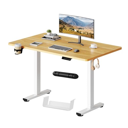 SANODESK Escritorio Elevable Eléctrico 110x54cm con Tablero Entero(con Gancho/Portabotellas), Standing Desk, Escritorio Ajustable en Altura con Tablero, Función de Memoria, para Trabajo/Hogar(Arce)