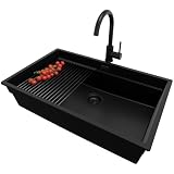 PRIMAGRAN Lavandino sottotop Tutto Nero 76x47cm, Lavello in Granito a 1 vasca + Rubinetto 32x20cm + Set di accessori, Lavabo da Cucina al Mobile 80cm - Prague Level S548