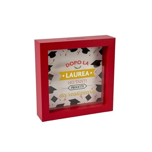 Salvadanaio Laurea in Legno, Cornice Rossa 16x16 cm, Regalo per Laureati con Fessura per Banconote