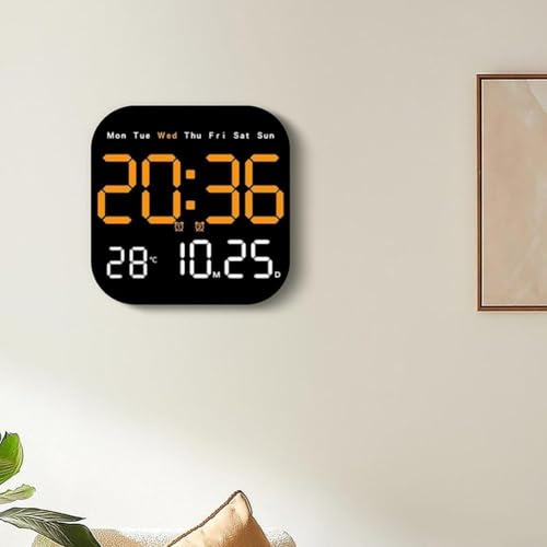 Image of 15-Inch Digital Wall Clock with Large LED Display - Remote Control, Auto-Dimming, Night Light, Date, Day, Temperature, DST Function - Ideal for Living Room, Bedroom (Square 9 inch Orange)