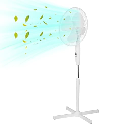 shine planet Stand Fan, 90° Oscillation, 3 Speeds, 3 Modes, Adjustable Height, Ideal for Home, Bedroom or Office, Remote Control, White (wood-FS40-3-white)