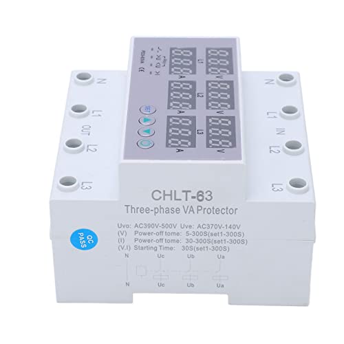 AC230-300V Trifásico Carril DIN Voltímetro Amperímetro Sobretensión Protector contra Sobrecorriente Restablecimiento Automático Pantalla Digital Voltaje Corriente Tiempo Real(63A)