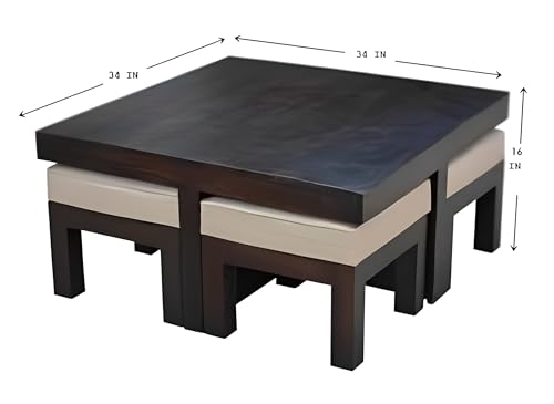 Image of Loonart Solid Sheesham Wood Coffee Table with Four Cushioned Stools|Idel for Living Room|Cafe|Restaurant|Space Saving Indoor Table Set|Finish Color - Warm Chestnut Finish|Off White Cushion|