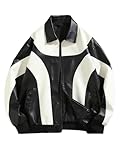 BEAUDRM Men's Y2k PU Leather Jacket Color Block Motorcycle Coat Zip Up Long Sleeve Outerwear with Pockets Streetwear Black and White Large