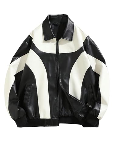 Men's Y2k PU Leather Jacket Color Block Motorcycle Coat Zip Up Long Sleeve Outerwear with Pockets Streetwear