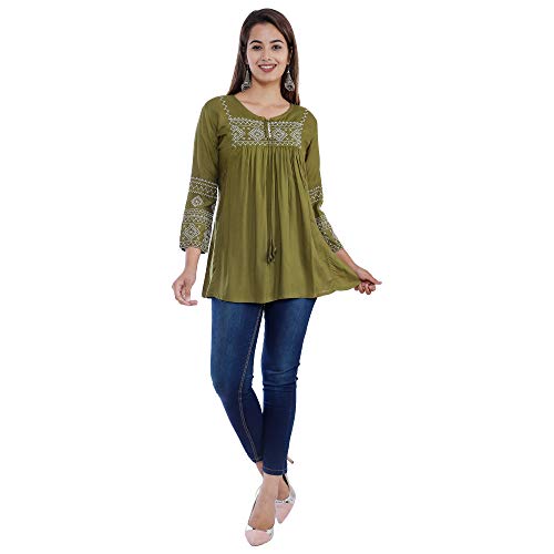 Image of Avayayat Short Kurti for Women | Embroidered Straight Rayon Kurta | Round Neck Full Sleeves Short Kurti for Women's