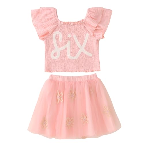 SOFEON Toddler Girl Birthday Outfit Flower Embroidery Ruffle Tank Top Tutu Skirt 2-7T Birthday Party Flower Tulle Skirt Set(Pink-6th 6T)