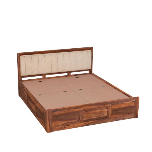 Image of SONA ART & CRAFTS Veronica Solid Sheesham Wood Bed Queen Size with Storage Box | Wooden Bed Queen Size Cot | Upholstered Beds | Double Bed with Storage Box - Natural Finish