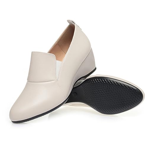 Image of Women's Leather Wedge Round Toe Dressy Shoes Comfortable Soft Leather Platform Slip On Casual Loafers Suitable for Driving Business Work Walking
