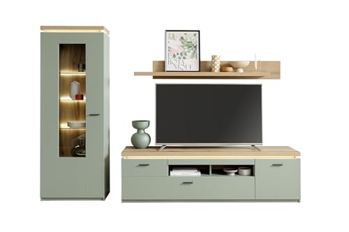möbelando Wohnwand >MONIZ< (3-teilig) mit Vitrine, TV-Element und Wandboard in Salbei Grün & Eiche Evoke Dekor, Maße: B/H/T ca. 280/198/44 cm, mit LED-Beleuchtung