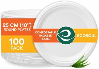 ECO SOUL Pappteller(25 cm) 10" Einwegteller, Weiß(100-Stück) | Nachhaltige Alternative, 100% kompostierbar, Extra stabildeal für den täglichen Gebrauch, Premium Qualität, 100er Pac