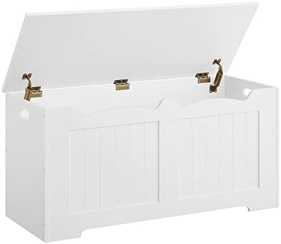 Hzuaneri 39.4" Storage Lift-Top Organizer, Wooden Storage Bench, Storage Trunk with 2 Safety Hinge, Toy Chest Box, Shoe Bench for Entryway, Bedroom, Living Room, White